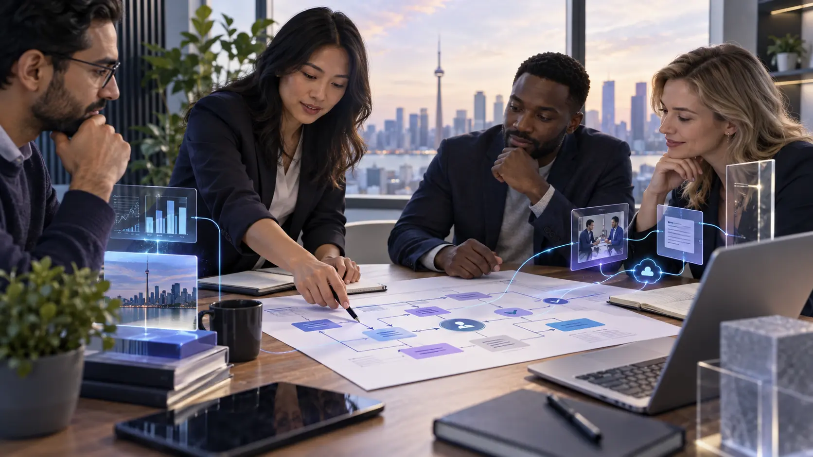 Toronto small-business leaders mapping an AI-assisted workflow with human review and oversight