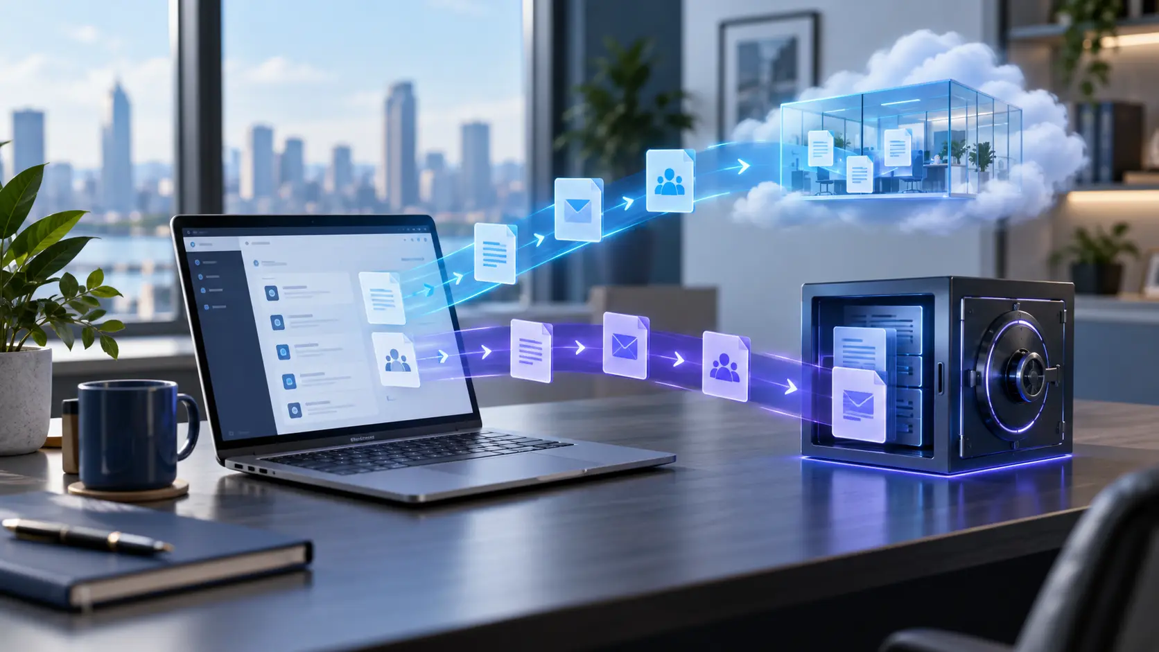 Business documents flowing from a cloud workspace into a separate protected backup vault